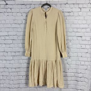Bl_ank Gauze Crinkled Cotton Dress Long Sleeves Beige Womens S Boho Cottagecore